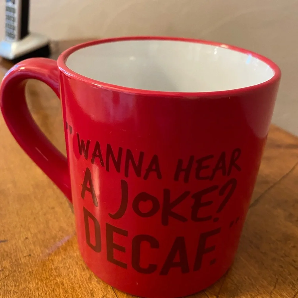 Mars M&M’s Red Coffee Mug Cup ‘Wanna Hear A Joke? DECAF’
